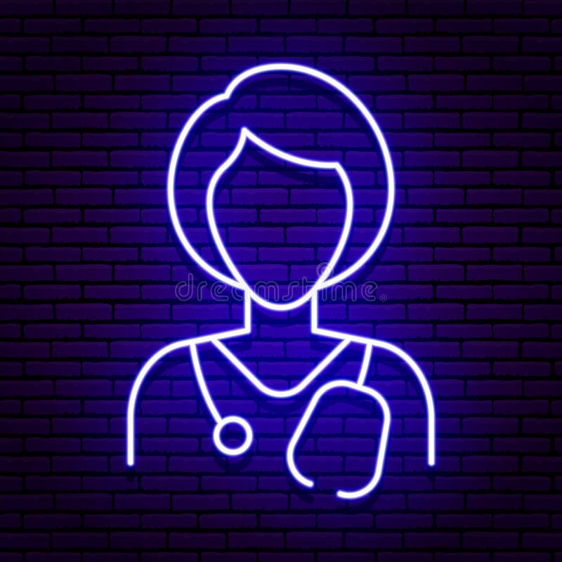 Leuchtreklame in Form von der Symbol einer Ärztin auf einem blauen Farben Backsteinmauerhintergrund stock abbildung