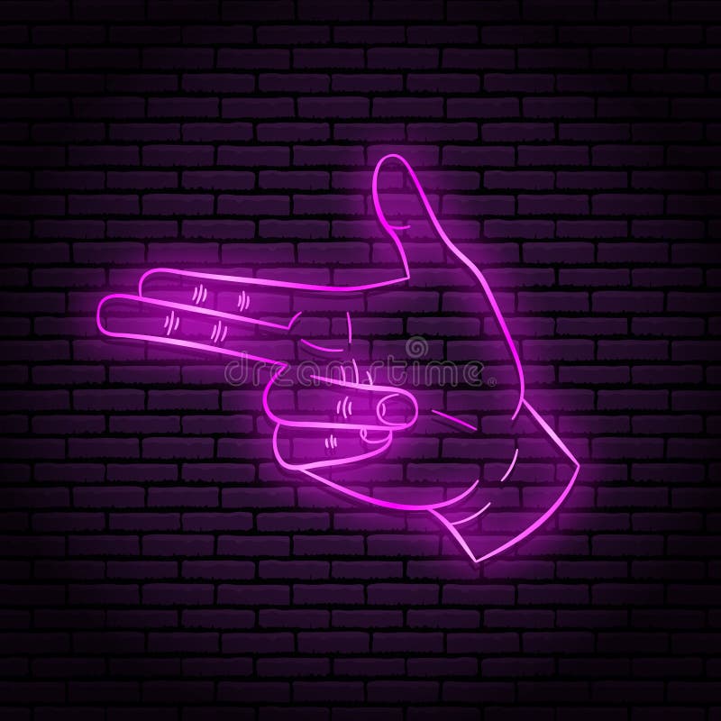Leuchtreklame mit einem Purpurlicht Handzeichen, zwei Finger, zeigt ein Gewehr lizenzfreie abbildung
