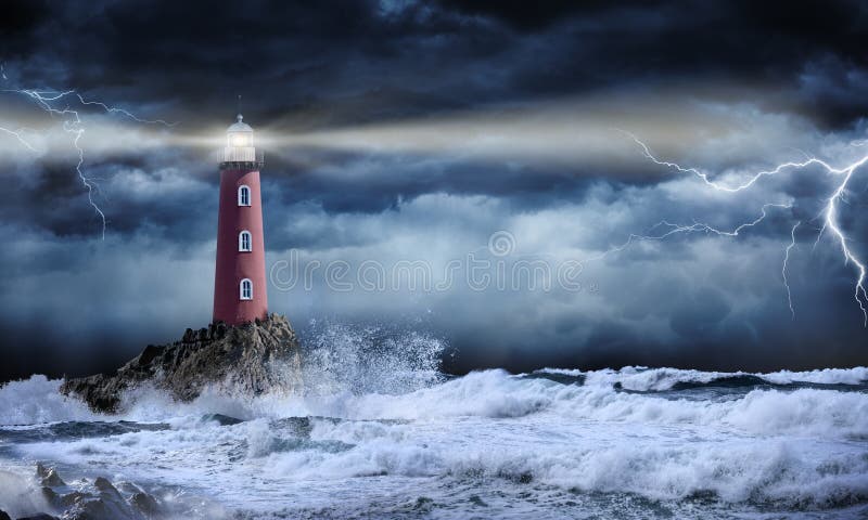 Leuchtturm in der stürmischen Landschaft stockfotografie