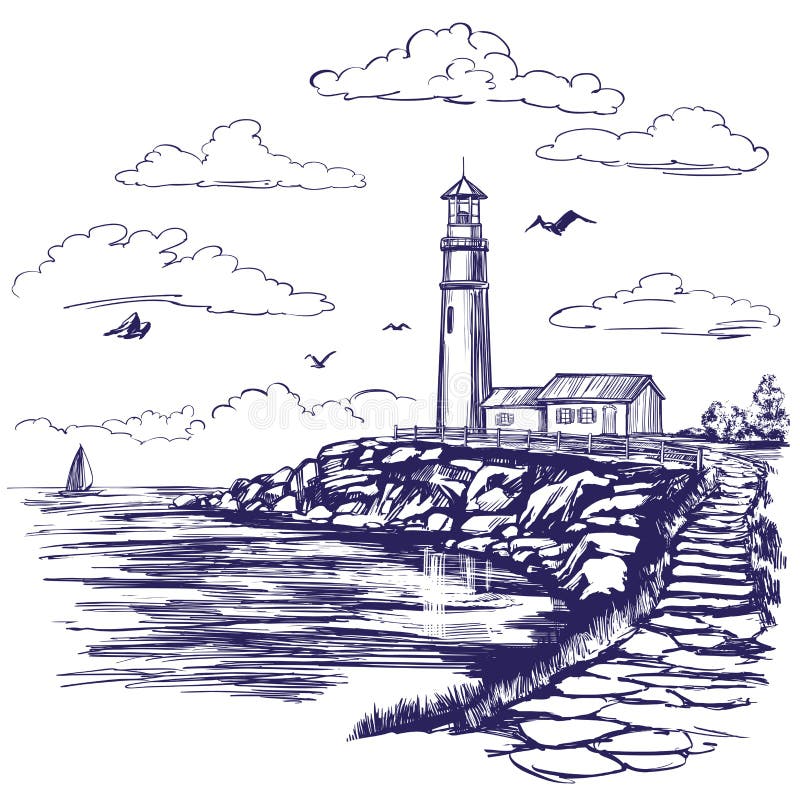 Leuchtturm und Meer gestalten Hand gezeichnete Vektorillustrationsskizze landschaftlich vektor abbildung
