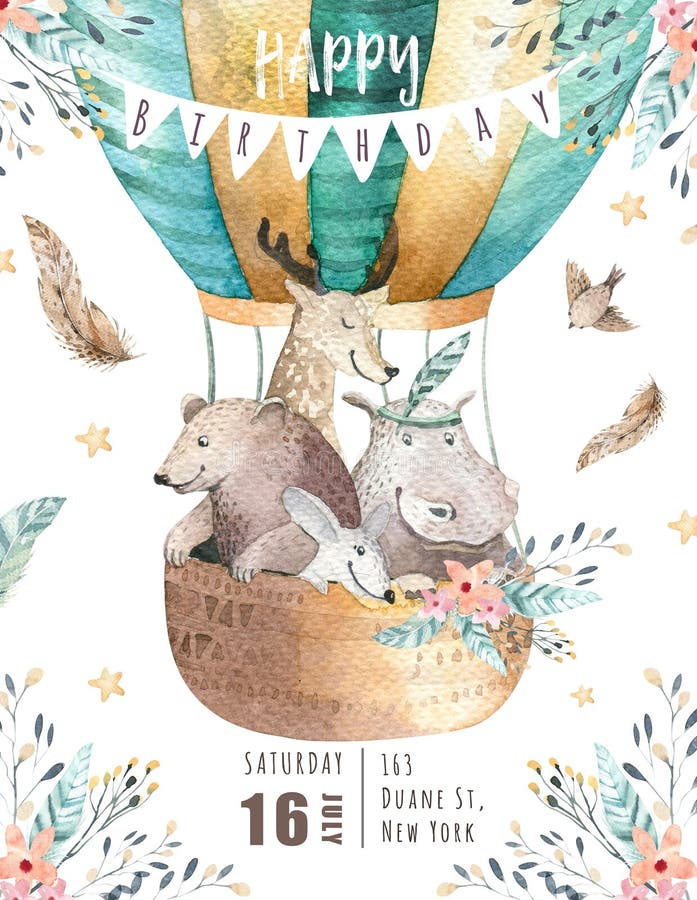 Leuk babykinderdagverblijf op ballon geïsoleerde illustratie voor kinderen De Boheemse Boheemse waterverf draagt, kattenhipo en h stock illustratie Leuk babykinderdagverblijf op ballon geïsoleerde illustratie voor kinderen De Boheemse Boheemse waterverf draagt, kattenhipo en h stock illustratie