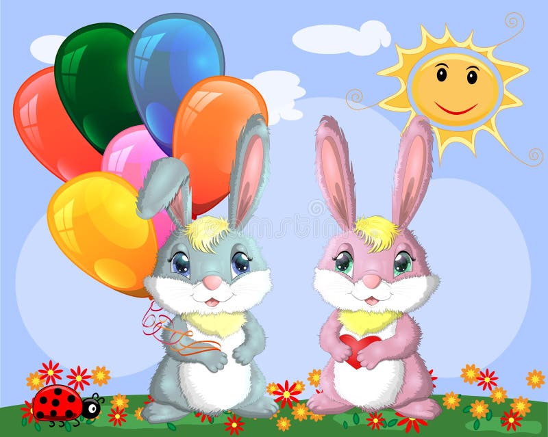 Leuk beeldverhaalkonijntje met een armvol van ballen en een konijntjesmeisje in een weide dichtbij de regenboog De lente, prentbr royalty-vrije illustratie Leuk beeldverhaalkonijntje met een armvol van ballen en een konijntjesmeisje in een weide dichtbij de regenboog De lente, prentbr royalty-vrije illustratie