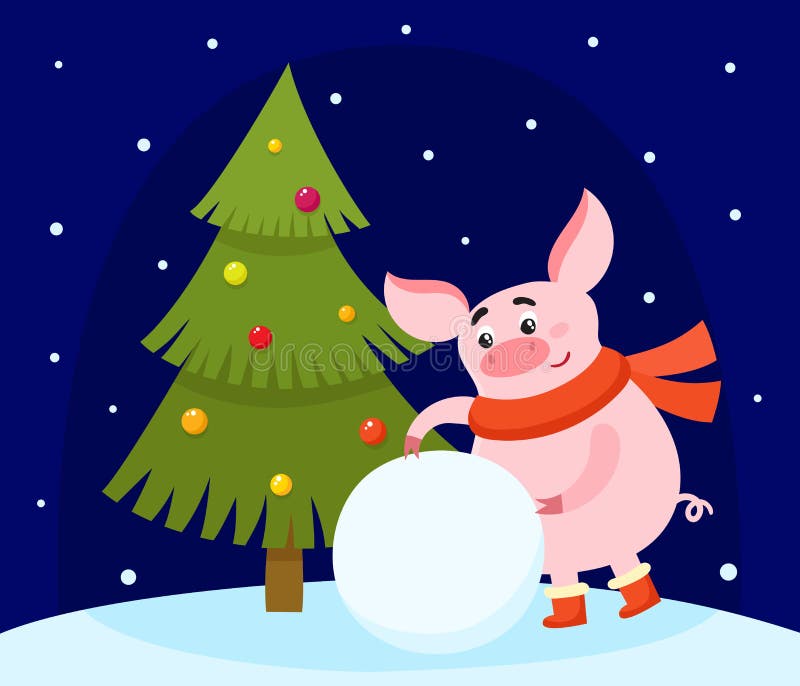 Leuk beeldverhaalvarken die sneeuwbal en Kerstmisboom maken stock illustratie Leuk beeldverhaalvarken die sneeuwbal en Kerstmisboom maken stock illustratie