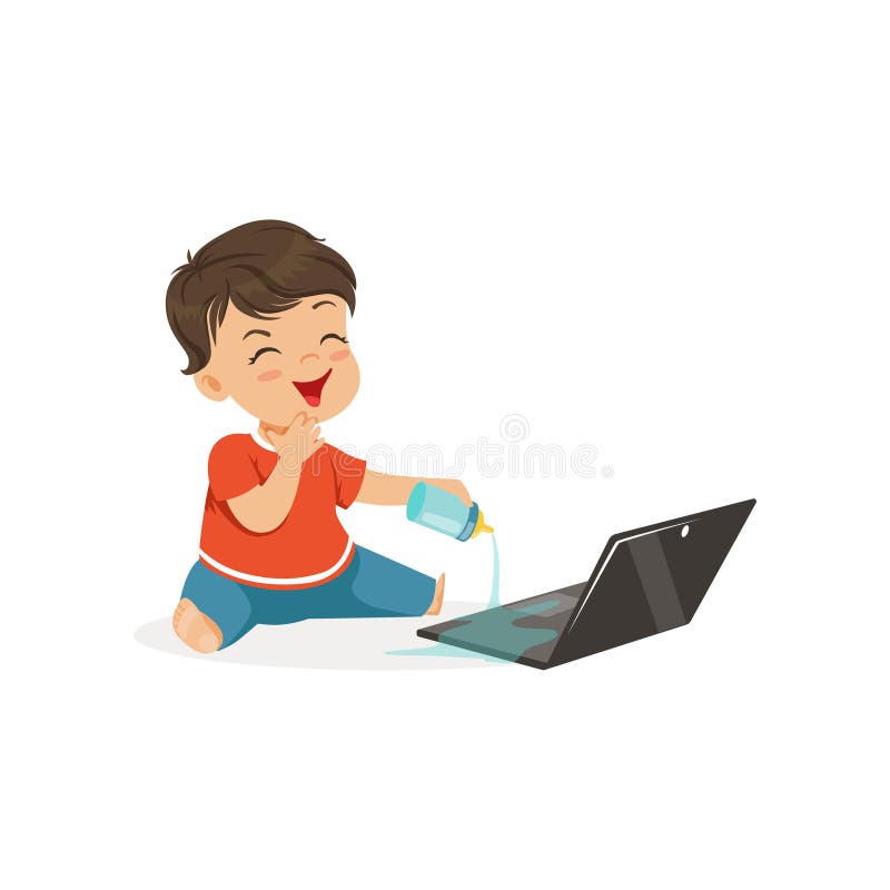 Leuk intimideert weinig jongen die water op laptop morsen, vrolijke gangster weinig jong geitje, de slechte vectorillustratie van royalty-vrije illustratie Leuk intimideert weinig jongen die water op laptop morsen, vrolijke gangster weinig jong geitje, de slechte vectorillustratie van royalty-vrije illustratie