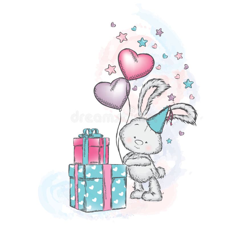 Leuk konijntje met giften en ballons Vectorillustratie voor een kaart of een affiche vector illustratie Leuk konijntje met giften en ballons Vectorillustratie voor een kaart of een affiche vector illustratie