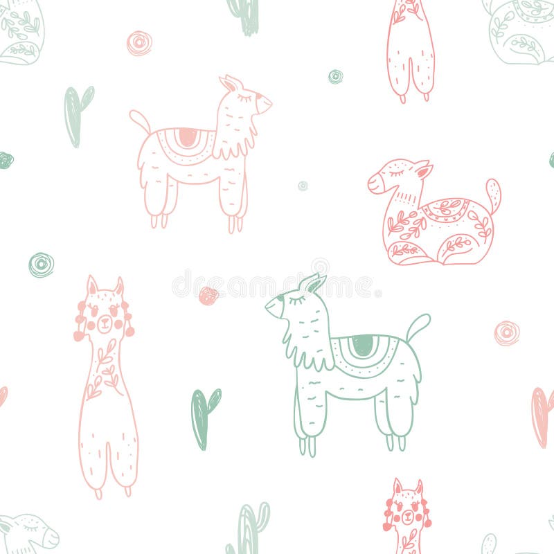 Leuk Lama Seamless-patroon met alpaca en cactussen Vector illustratie royalty-vrije illustratie Leuk Lama Seamless-patroon met alpaca en cactussen Vector illustratie royalty-vrije illustratie