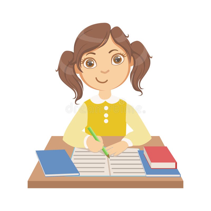 Leuk meisje die op school, een kleurrijk karakter schrijven stock illustratie Leuk meisje die op school, een kleurrijk karakter schrijven stock illustratie