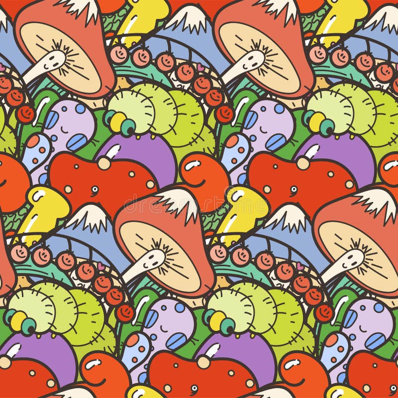Leuk naadloos bospatroon met paddestoelen Nice voor drukken, ontwerp, kleuringen, kaarten, textiel vector illustratie Leuk naadloos bospatroon met paddestoelen Nice voor drukken, ontwerp, kleuringen, kaarten, textiel vector illustratie