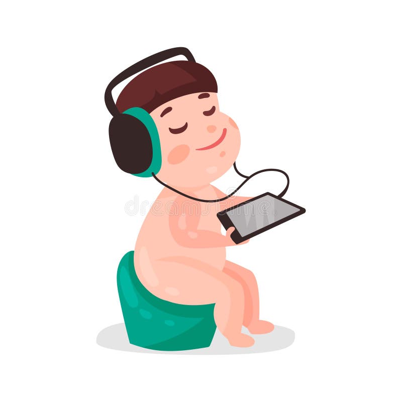 Leuk naakt beeldverhaal weinig jongenszitting op een pot en het luisteren muziek met Illustratie van het hoofdtelefoons de kleurr stock illustratie Leuk naakt beeldverhaal weinig jongenszitting op een pot en het luisteren muziek met Illustratie van het hoofdtelefoons de kleurr stock illustratie