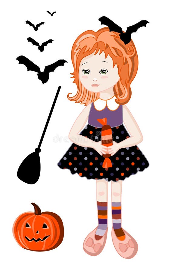 Leuk roodharigemeisje in Halloween-heksenkostuum stock illustratie Leuk roodharigemeisje in Halloween-heksenkostuum stock illustratie