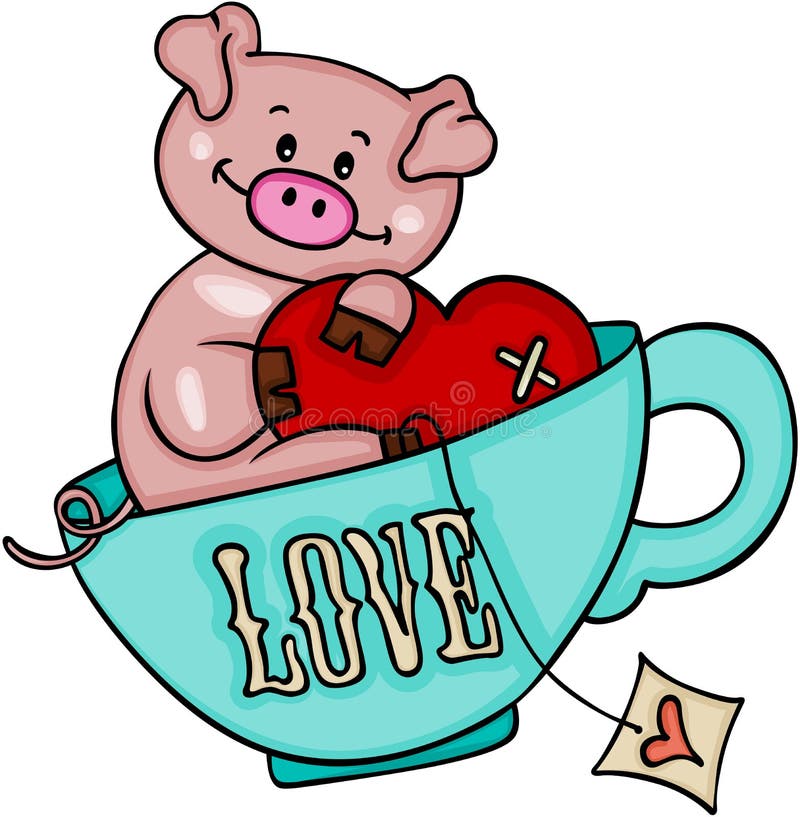 Leuk varken met hart binnen liefdekop thee stock illustratie Leuk varken met hart binnen liefdekop thee stock illustratie