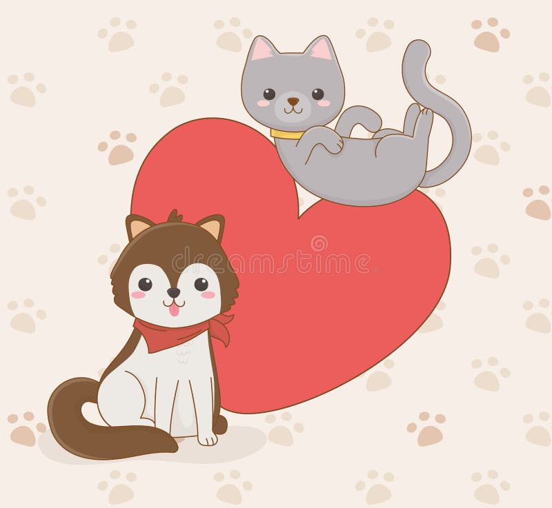 Cute little dog and cat mascots with heart love vector illustration design. Cute little dog and cat mascots with heart love vector illustration design