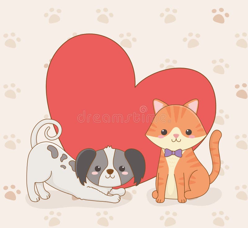 Cute little dog and cat mascots with heart love vector illustration design. Cute little dog and cat mascots with heart love vector illustration design