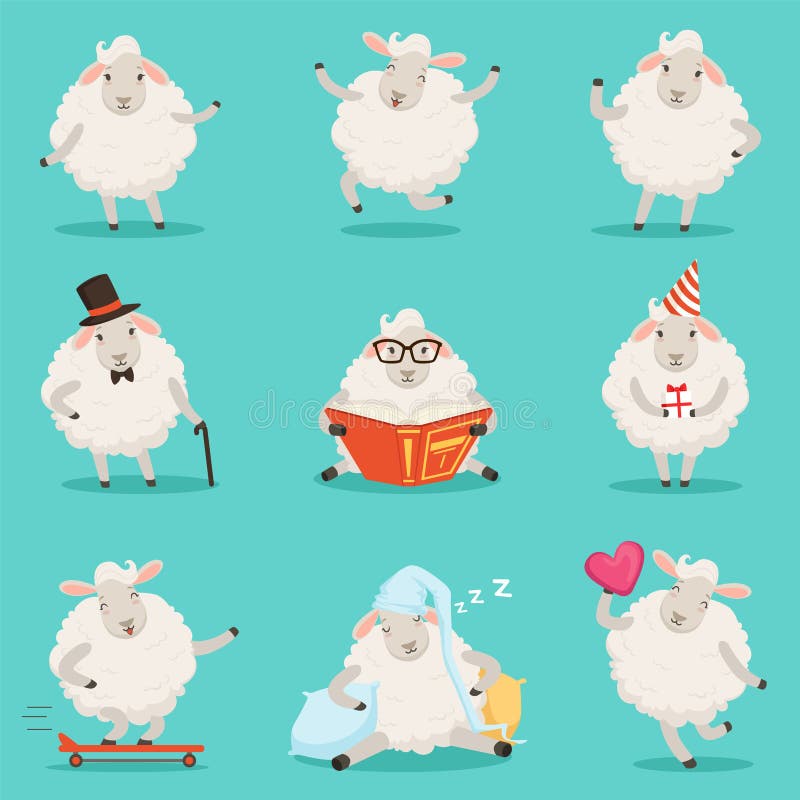 Leuk weinig set van tekens van het schapenbeeldverhaal voor etiketontwerp Kleurrijke gedetailleerde vectorillustraties op wit royalty-vrije illustratie Leuk weinig set van tekens van het schapenbeeldverhaal voor etiketontwerp Kleurrijke gedetailleerde vectorillustraties op wit royalty-vrije illustratie