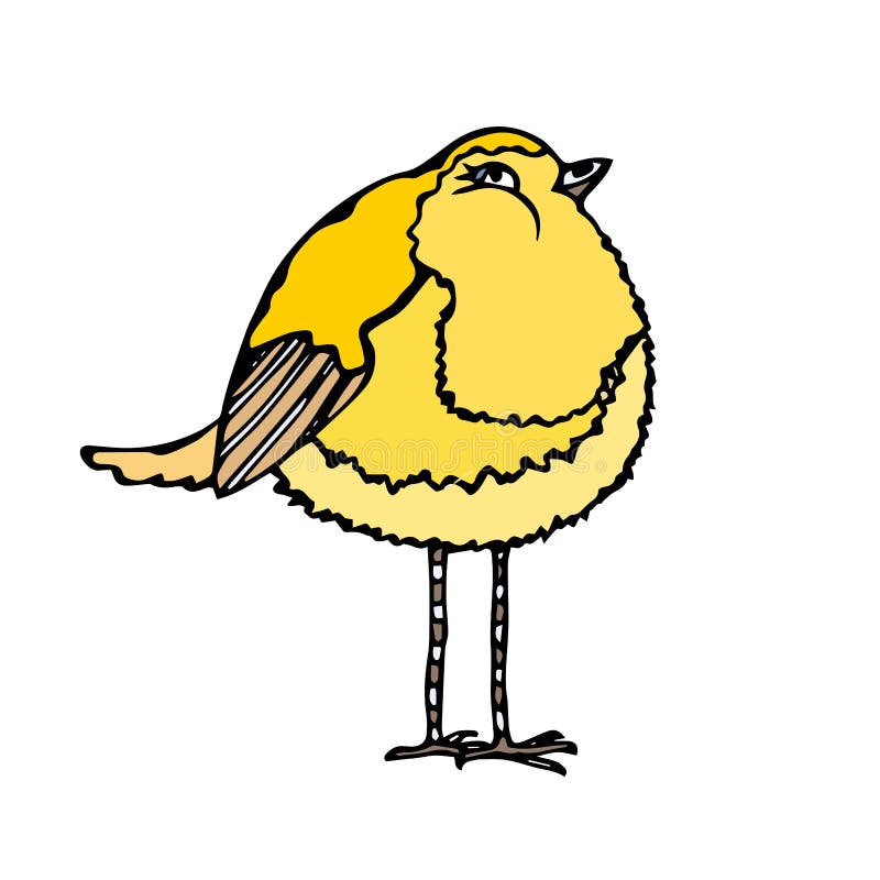Leuke Aanbiddelijke Gele Kanarievogel Geïsoleerd op een Witte Getrokken de Schetsvector van het Achtergrondkrabbelbeeldverhaal Ha