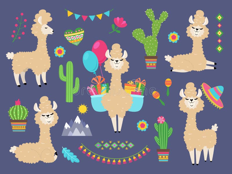 Leuke Alpaca Grappige beeldverhaallama, de babylama's van Peru en cactussenbloemen De wilde karakters van alpacasdieren stock illustratie Leuke Alpaca Grappige beeldverhaallama, de babylama's van Peru en cactussenbloemen De wilde karakters van alpacasdieren stock illustratie