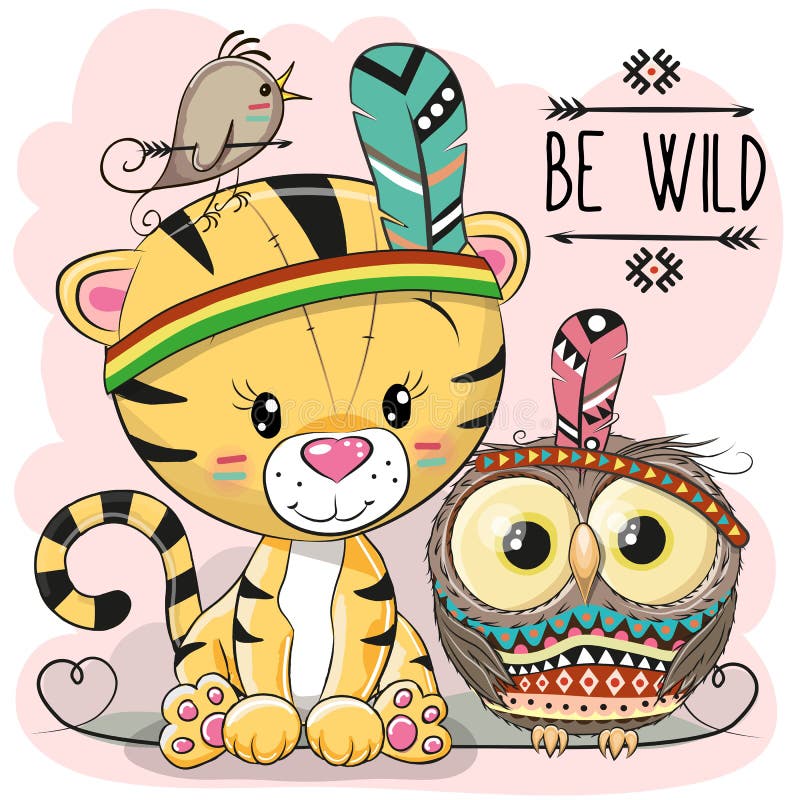 Leuke Beeldverhaal stammentijger en uil royalty-vrije illustratie Leuke Beeldverhaal stammentijger en uil royalty-vrije illustratie