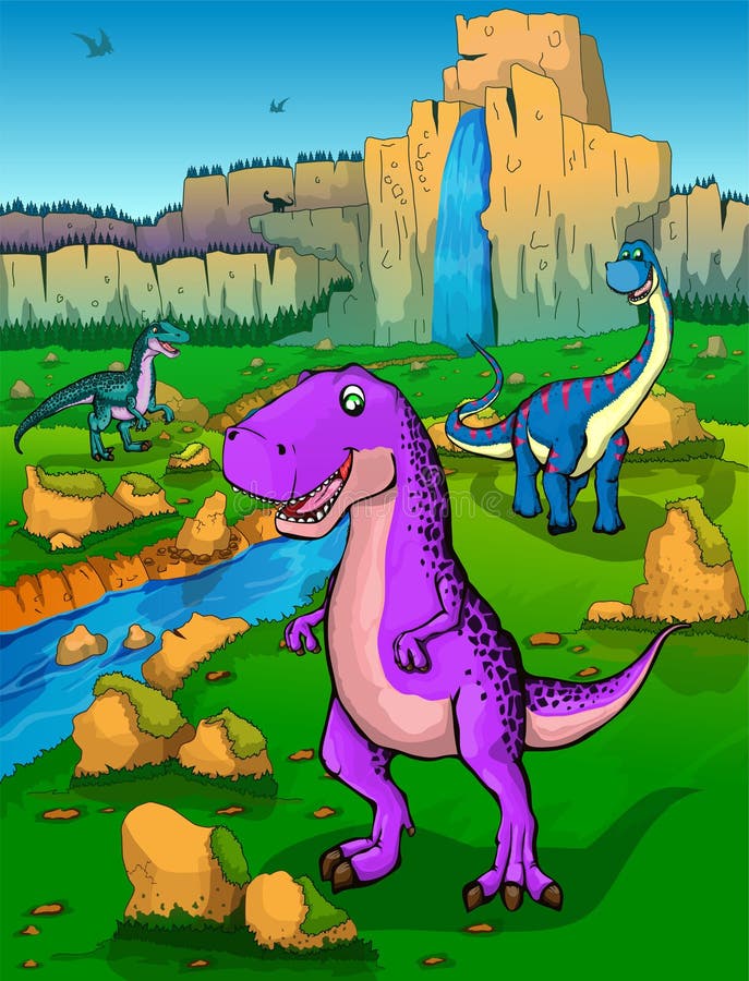 Leuke beeldverhaaltyrannosaurus, Diplodocus en velociraptor op de achtergrond van aard stock illustratie Leuke beeldverhaaltyrannosaurus, Diplodocus en velociraptor op de achtergrond van aard stock illustratie
