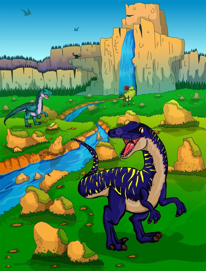 Leuke beeldverhaalvelociraptors op de achtergrond van aard vector illustratie Leuke beeldverhaalvelociraptors op de achtergrond van aard vector illustratie