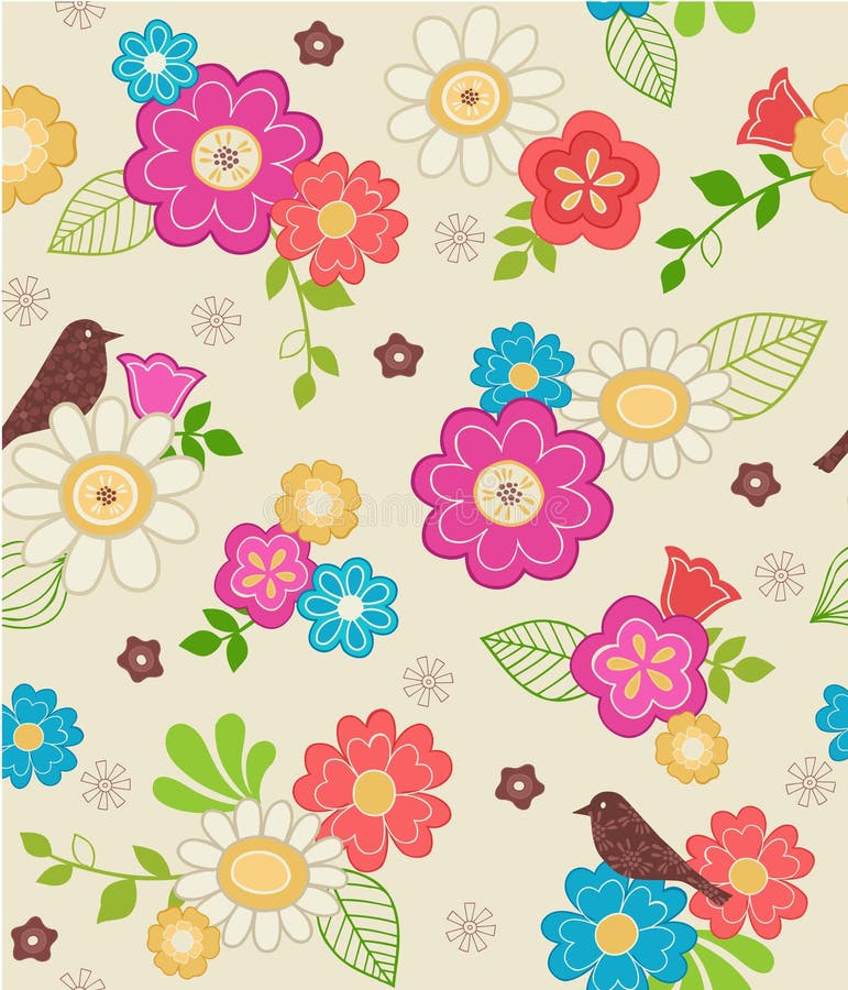 Leuke Bloemen en het Naadloze Patroon van de Vogel vector illustratie Leuke Bloemen en het Naadloze Patroon van de Vogel vector illustratie