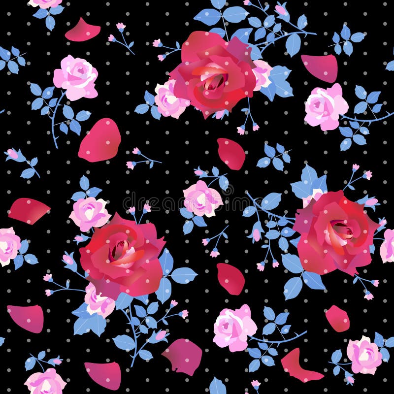 Leuke boeketten van grote karmozijnrode en kleine roze rozen met blauwe bladeren op zwarte achtergrond met uiterst kleine witte s royalty-vrije illustratie Leuke boeketten van grote karmozijnrode en kleine roze rozen met blauwe bladeren op zwarte achtergrond met uiterst kleine witte s royalty-vrije illustratie