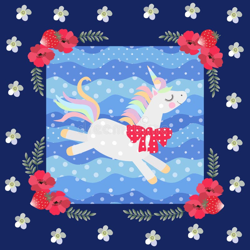Leuke dansende eenhoorn op blauwe stipachtergrond in mooi bloemenkader Lapwerkpatroon Mooie inzameling royalty-vrije illustratie Leuke dansende eenhoorn op blauwe stipachtergrond in mooi bloemenkader Lapwerkpatroon Mooie inzameling royalty-vrije illustratie