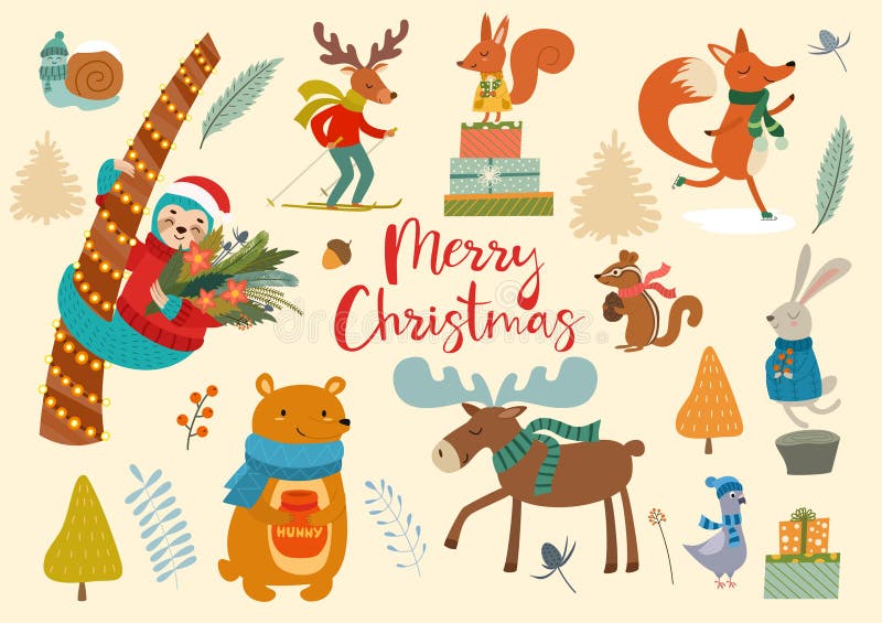 Leuke de winterwilde dieren en bloemenelementen Ideeën voor prentbriefkaaren en affiches Vector graphhics Vrolijke Kerstkaart royalty-vrije illustratie Leuke de winterwilde dieren en bloemenelementen Ideeën voor prentbriefkaaren en affiches Vector graphhics Vrolijke Kerstkaart royalty-vrije illustratie