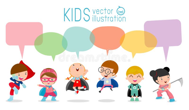 Leuke die superherojonge geitjes met toespraakbellen, Reeks van superherokind met toespraakbellen op witte achtergrond, Vector wo royalty-vrije illustratie Leuke die superherojonge geitjes met toespraakbellen, Reeks van superherokind met toespraakbellen op witte achtergrond, Vector wo royalty-vrije illustratie