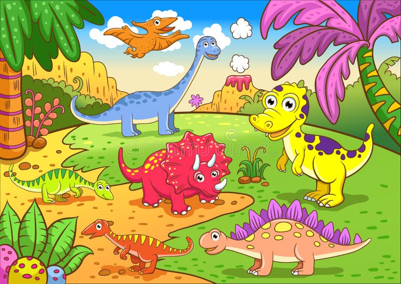 Leuke dinosaurussen in voorhistorische scène