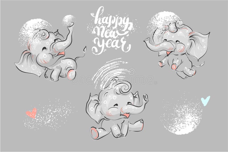 Leuke en grappige die olifant voor de vakantie van de winterchrismas en Nieuwjaar het van letters voorzien wordt geplaatst vector illustratie Leuke en grappige die olifant voor de vakantie van de winterchrismas en Nieuwjaar het van letters voorzien wordt geplaatst vector illustratie