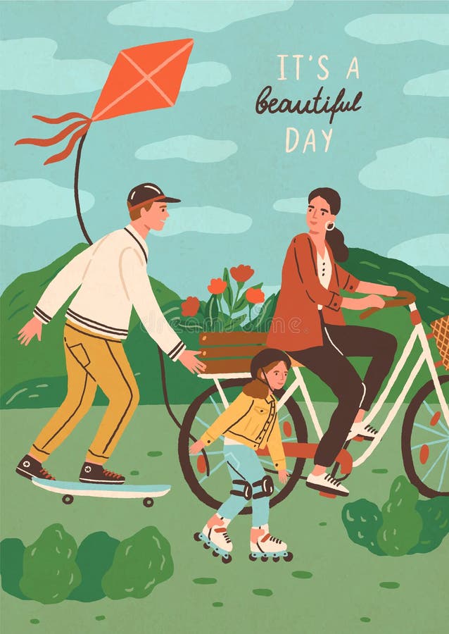 Leuke gelukkige familie berijdende fiets, skateboard en rol die in openlucht schaatsen Glimlachende moeder, vader en zoon die spo royalty-vrije illustratie Leuke gelukkige familie berijdende fiets, skateboard en rol die in openlucht schaatsen Glimlachende moeder, vader en zoon die spo royalty-vrije illustratie