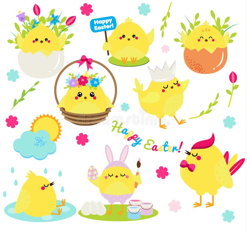 Leuke geplaatste beeldverhaalkippen Pasen-kippen in eieren anf bloemen, zingend, schilderend en hebbend pret Geïsoleerde klemkuns