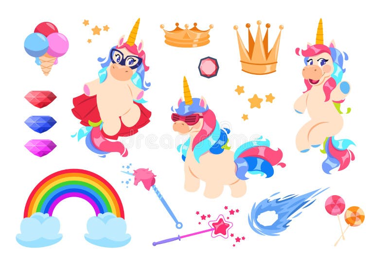 Leuke geplaatste eenhoorns Beeldverhaalregenboog, toverstokje en diamanten Gouden kroon, sterren en roomijs De eenhoornvector van stock illustratie Leuke geplaatste eenhoorns Beeldverhaalregenboog, toverstokje en diamanten Gouden kroon, sterren en roomijs De eenhoornvector van stock illustratie