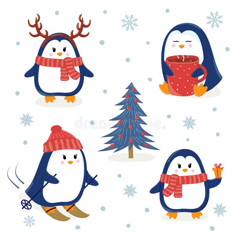Leuke geplaatste pinguïnen Vrolijke Kerstmis en Gelukkige Nieuwjaargroeten stock illustratie Leuke geplaatste pinguïnen Vrolijke Kerstmis en Gelukkige Nieuwjaargroeten stock illustratie