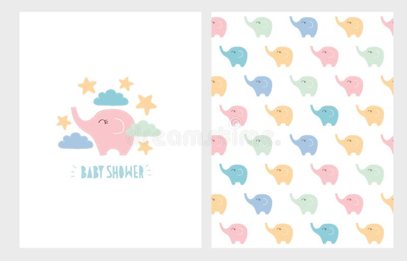Leuke Getrokken de Illustratiereeks van de Babydouche Hand Kaart en Patroon van pastelkleuren het de Kleine Olifanten