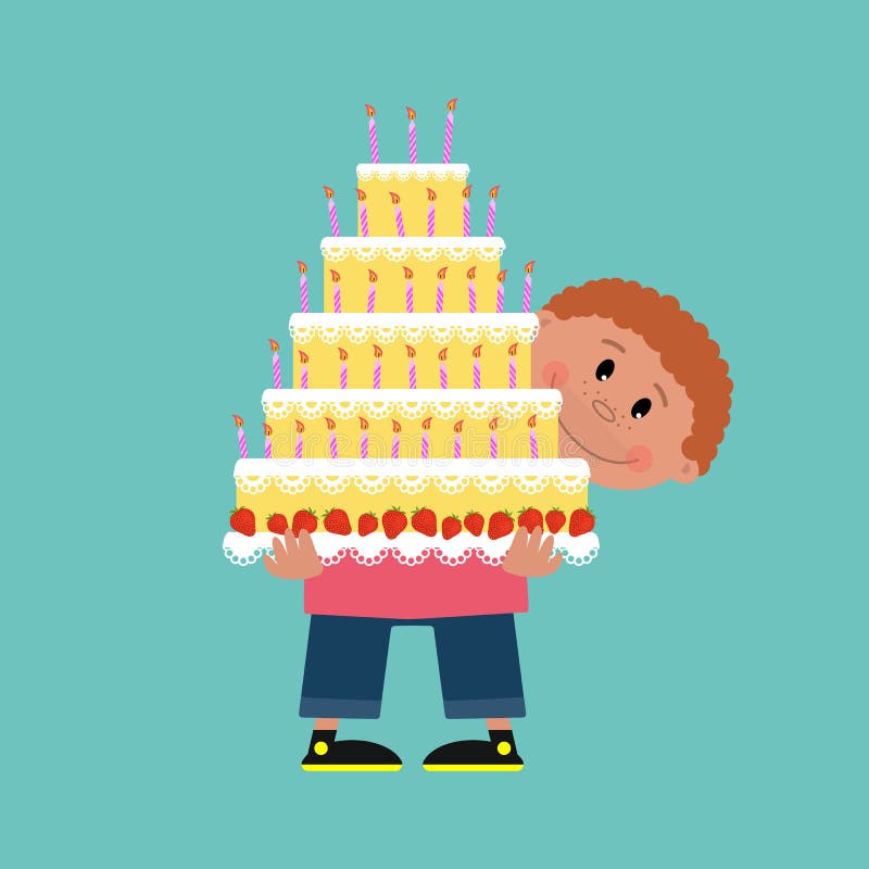 Leuke glimlachende jongensholding in zijn handen een grote cake met kaarsen stock illustratie Leuke glimlachende jongensholding in zijn handen een grote cake met kaarsen stock illustratie
