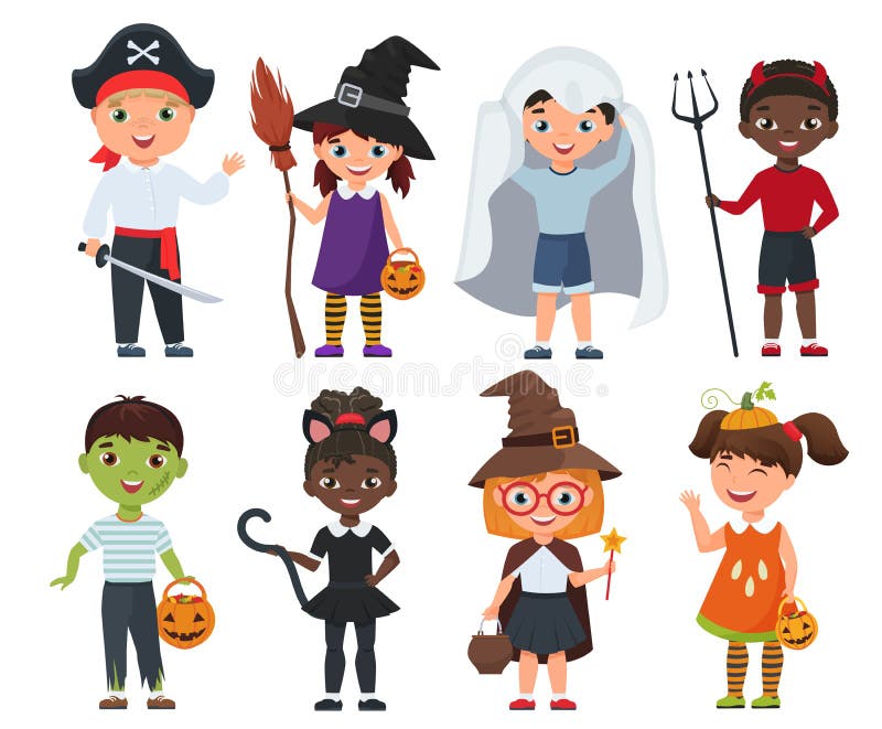 Leuke Halloween-geplaatste jonge geitjes De vectorillustratie van het beeldverhaal royalty-vrije illustratie Leuke Halloween-geplaatste jonge geitjes De vectorillustratie van het beeldverhaal royalty-vrije illustratie