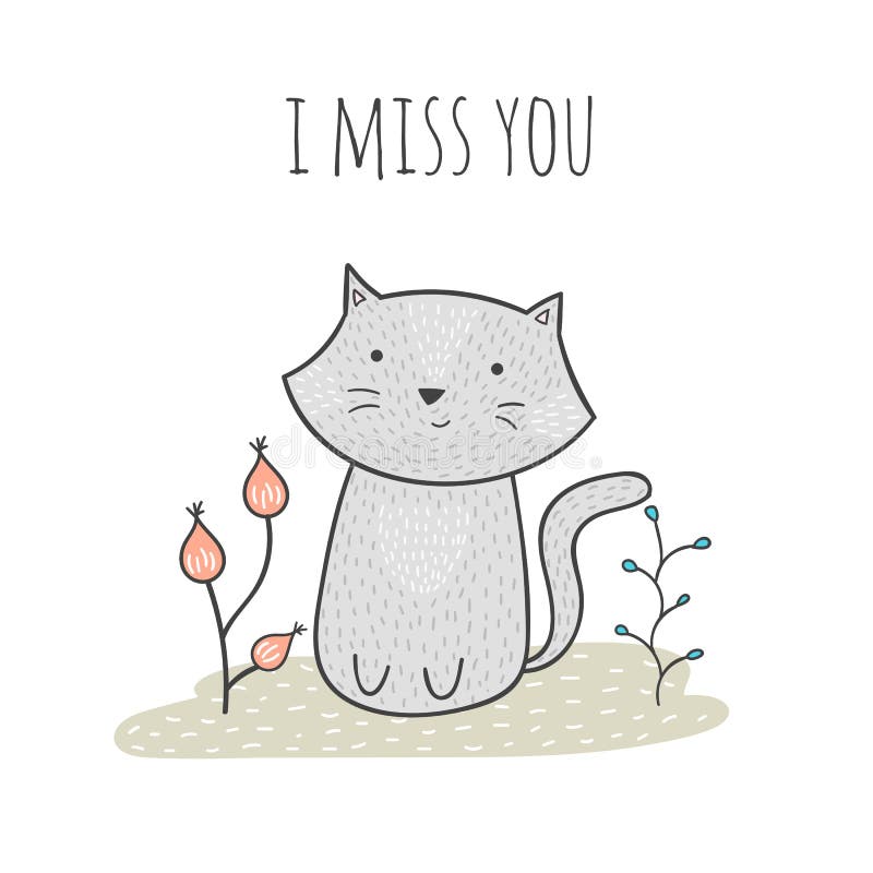 Leuke hand getrokken krabbelkaart met een kat en bloemen Ik mis u vector illustratie Leuke hand getrokken krabbelkaart met een kat en bloemen Ik mis u vector illustratie
