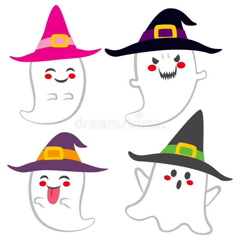 Collection of different funny cute ghosts with witch hat. Collection of different funny cute ghosts with witch hat