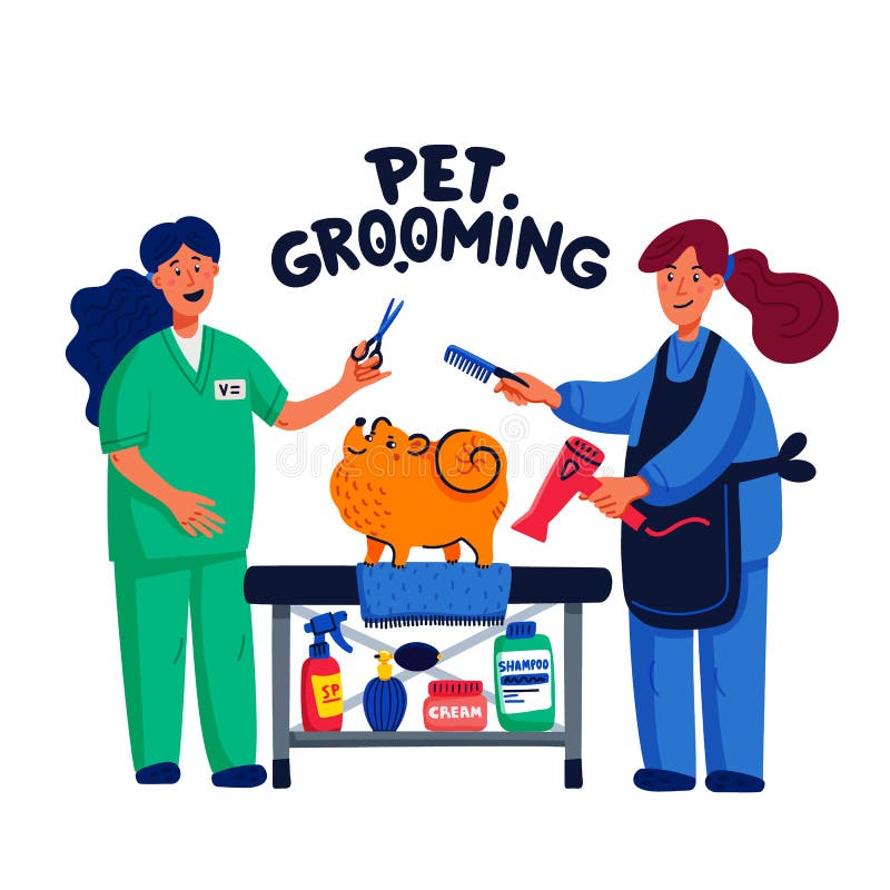 Leuke hond bij groomersalon Twee jonge meisjes die en spitz scheren kammen Hondzorg, het verzorgen, hygiëne, gezondheid Dierenwin royalty-vrije illustratie Leuke hond bij groomersalon Twee jonge meisjes die en spitz scheren kammen Hondzorg, het verzorgen, hygiëne, gezondheid Dierenwin royalty-vrije illustratie