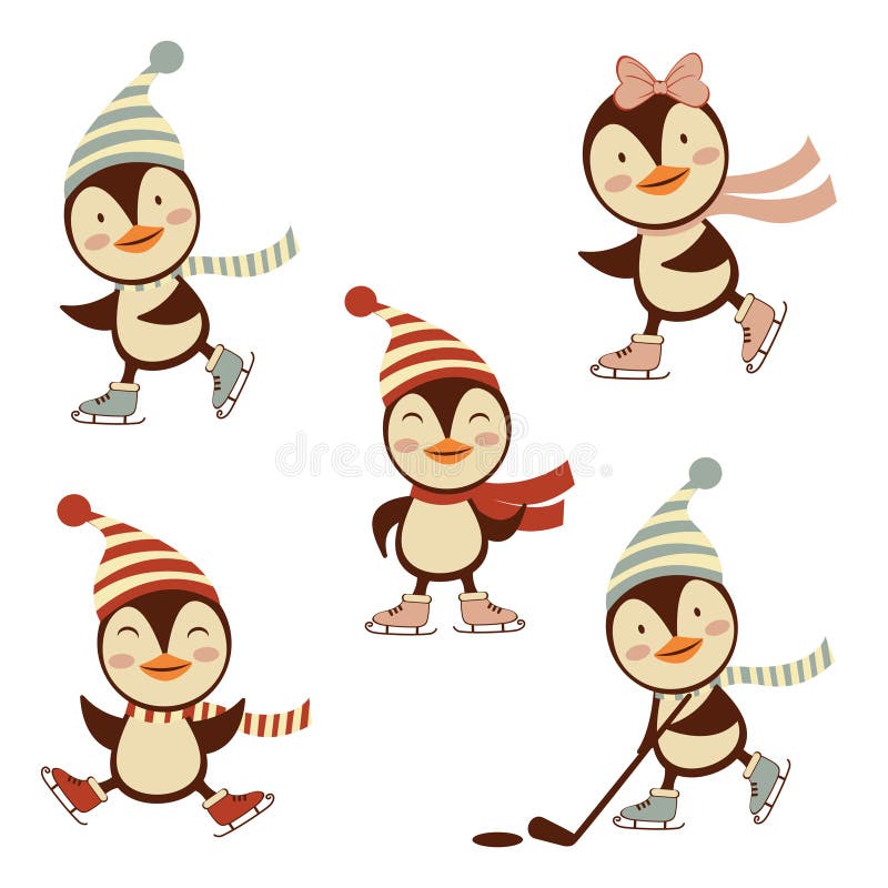Leuke ijs het schaatsen pinguïneninzameling stock illustratie Leuke ijs het schaatsen pinguïneninzameling stock illustratie