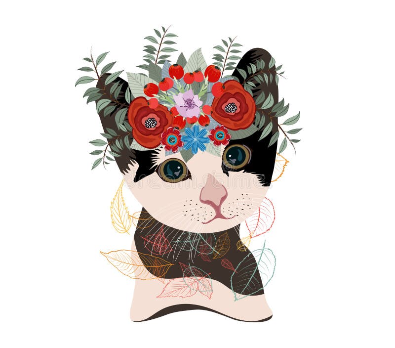 Leuke kaart met mooie kat Kat in een kroon van bloemen