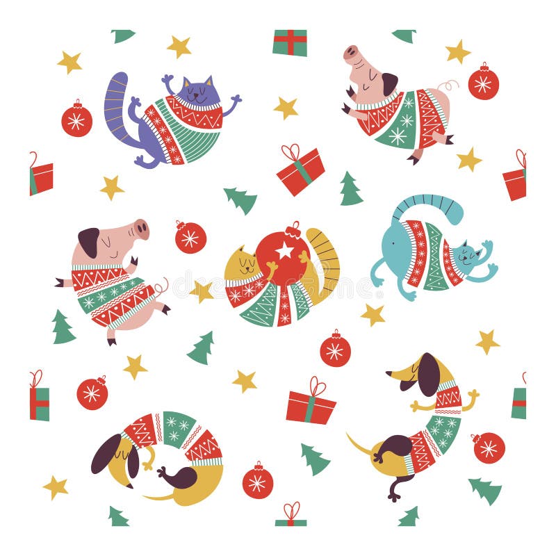 Leuke Kerstmiskatten in gebreide sweaters Naadloos patroon stock illustratie Leuke Kerstmiskatten in gebreide sweaters Naadloos patroon stock illustratie