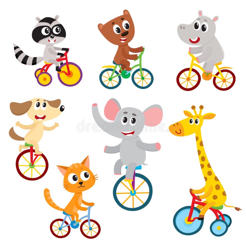 Leuke kleine dierlijke karakters die unicycle, fiets, driewieler, het cirkelen berijden stock illustratie Leuke kleine dierlijke karakters die unicycle, fiets, driewieler, het cirkelen berijden stock illustratie
