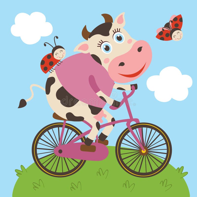 Leuke koe en lieveheersbeestjerittenfiets stock illustratie Leuke koe en lieveheersbeestjerittenfiets stock illustratie