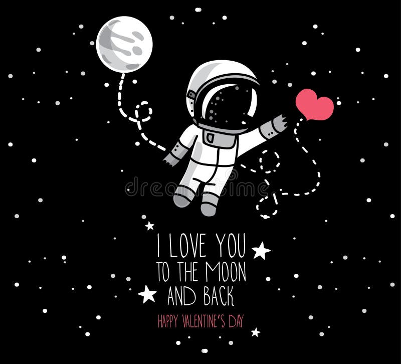 Cute doodle astronauts couple and heart formed constellation, cosmic card for valentine&#x27;s day, vector illustration. Cute doodle astronauts couple and heart formed constellation, cosmic card for valentine&#x27;s day, vector illustration