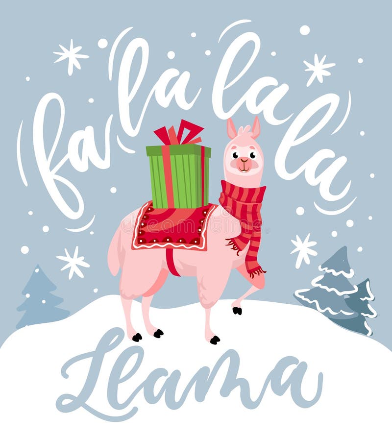 Cute llama Christmas card with lettering inscription `Fa la la la llama`. New Year greeting card. Cute llama Christmas card with lettering inscription `Fa la la la llama`. New Year greeting card.