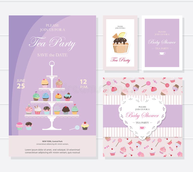 Leuke malplaatjes met cupcakestribune en snoepjes stock illustratie Leuke malplaatjes met cupcakestribune en snoepjes stock illustratie