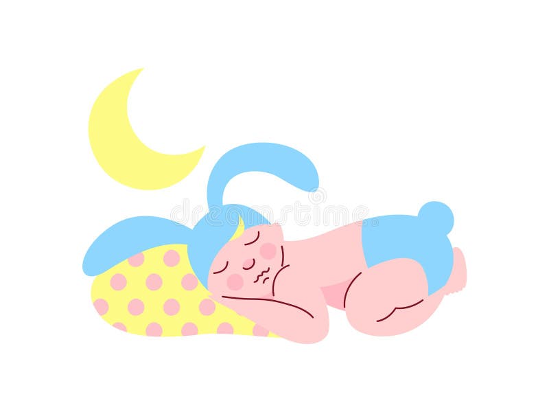 Leuke Pasgeboren Baby in Lichtblauw Bunny Cap en Luierslaap bij Nacht Vectorillustratie stock illustratie Leuke Pasgeboren Baby in Lichtblauw Bunny Cap en Luierslaap bij Nacht Vectorillustratie stock illustratie