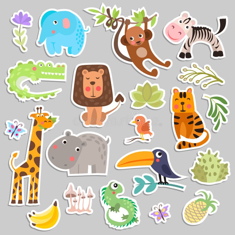 Leuke reeks stickers van safaridieren en bloemen Savanne en safari de grappige dieren van de beeldverhaalsticker De Dieren van de stock illustratie Leuke reeks stickers van safaridieren en bloemen Savanne en safari de grappige dieren van de beeldverhaalsticker De Dieren van de stock illustratie